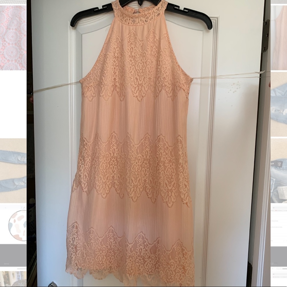 Pink Dress with Halter Neck and Lace Accents